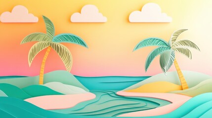 Obraz premium Vibrant tropical beach with colorful palm trees and ocean waves in paper art style