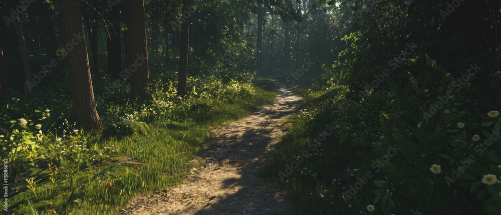 Poster cinematic texture of a tranquil forest path illuminated by dappled sunlight