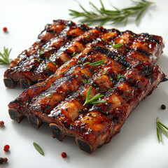 Succulent Pork Ribs with Barbecue Sauce, Garnished, on White Surface, for Casual Dining or Home Setting