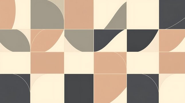 Abstract Geometric Pattern: A contemporary design featuring a captivating interplay of curved and squared shapes in muted tones of beige, gray, and black.