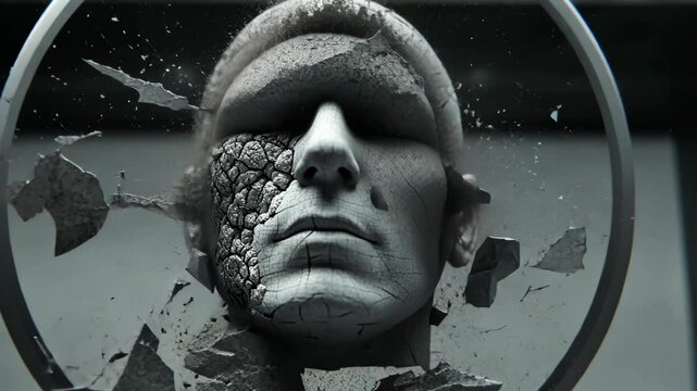 Artistic sculpture of a fragmented face surrounded by a circular border in a minimalistic setting