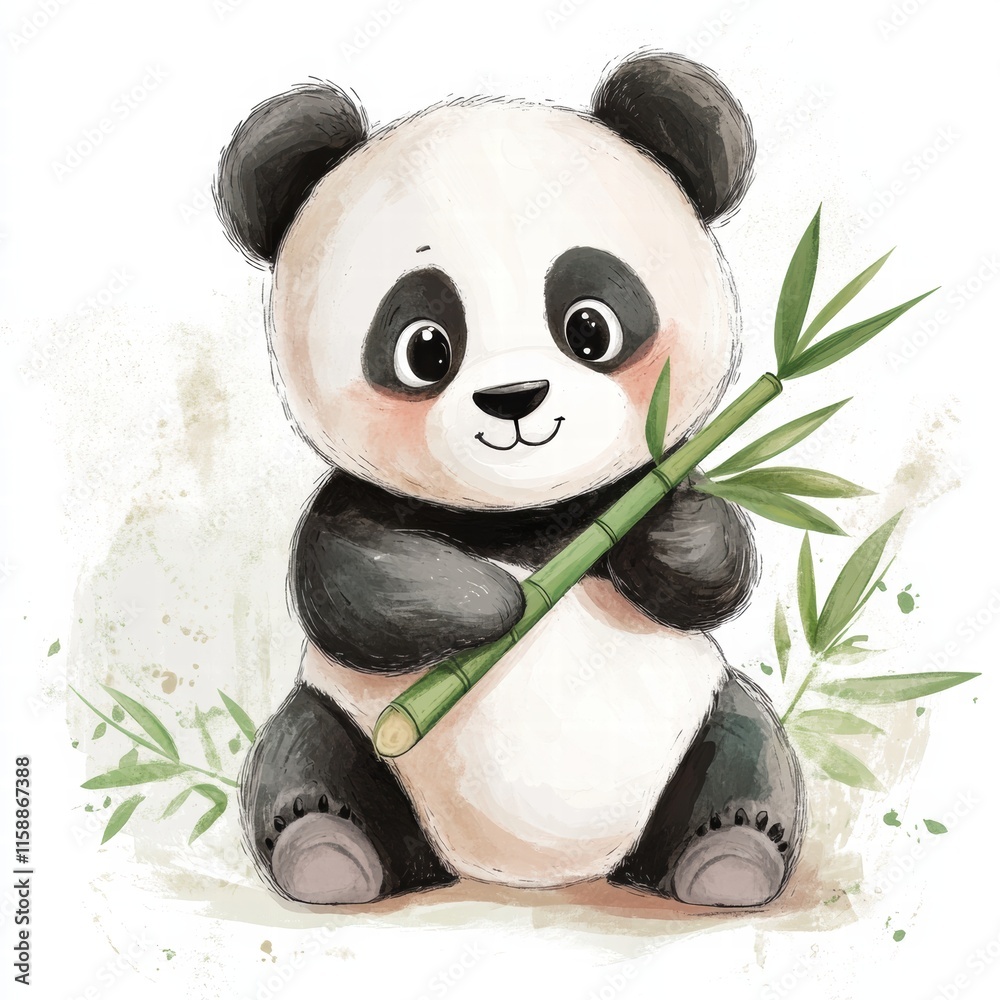 Poster Cute panda enjoying bamboo in a playful pose with plenty of open space for adding text later. Generative AI