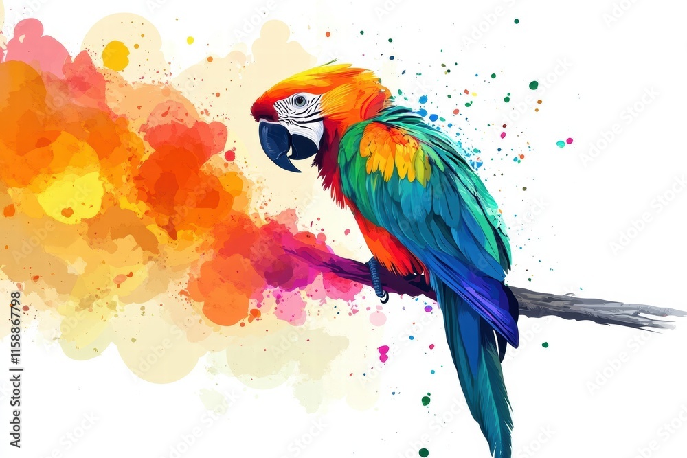 Fototapete Bright parrot with vibrant feathers perched on a branch amidst colorful abstract background with copy space for text. Generative AI