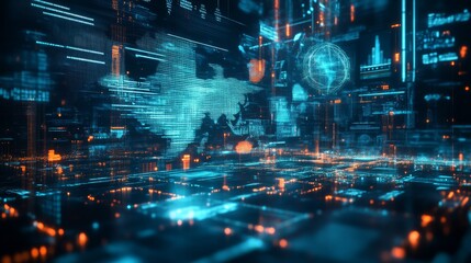 A futuristic digital landscape with glowing elements, representing technology, data, and connectivity.