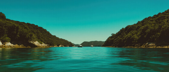 Cinematic view of tranquil bay under vibrant blue sky with distant hills