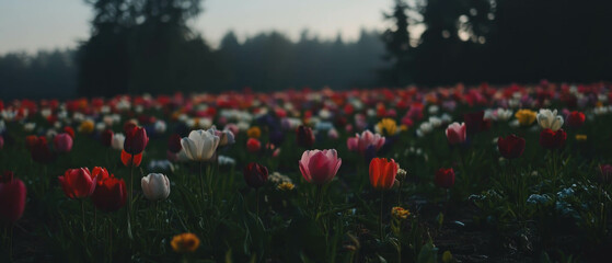Obraz premium Colorful tulip fields stretch across the landscape under a soft, overcast sky