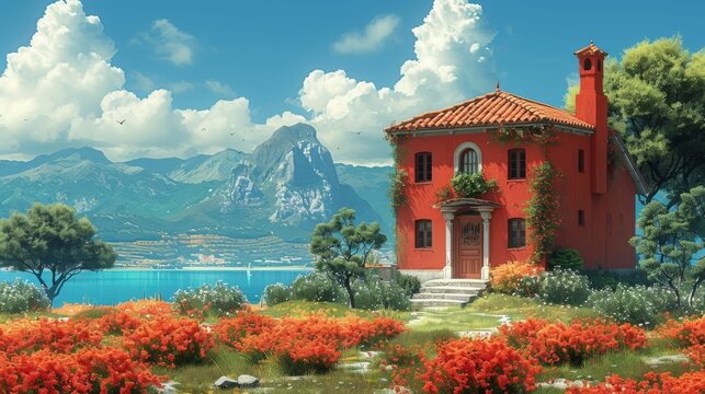 A red house with a white door sits in front of a mountain range
