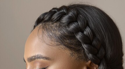 Intricate Dutch Crown Braid on Black Woman Against Neutral Background