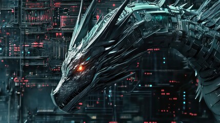Cybernetic dragon head, futuristic city backdrop.