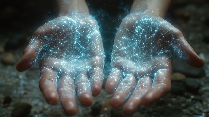 Fototapeta premium Glowing particles float above cupped hands.