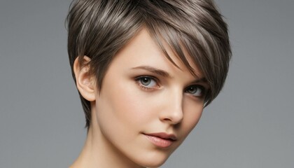 Fototapeta premium Contemplative young woman with short styled hair expressing confidence against neutral backdrop