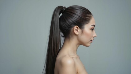 Obraz premium Serene young woman with dark ponytail expressing natural beauty against light background