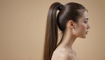 Graceful young woman with sleek high ponytail showing minimalist beauty against beige backdrop