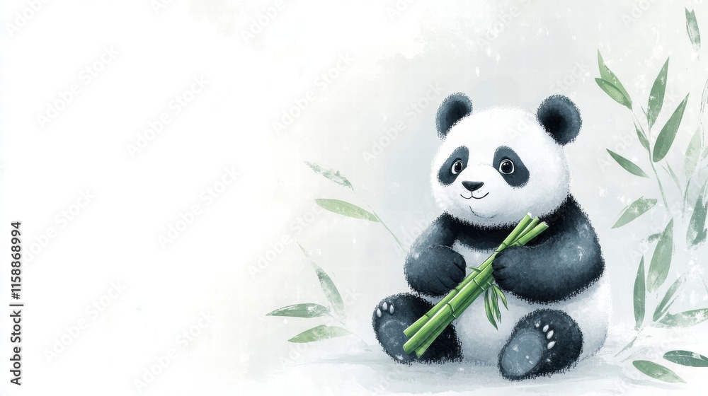 Poster cute panda sitting calmly while holding bamboo with plenty of space for text and design. generative 