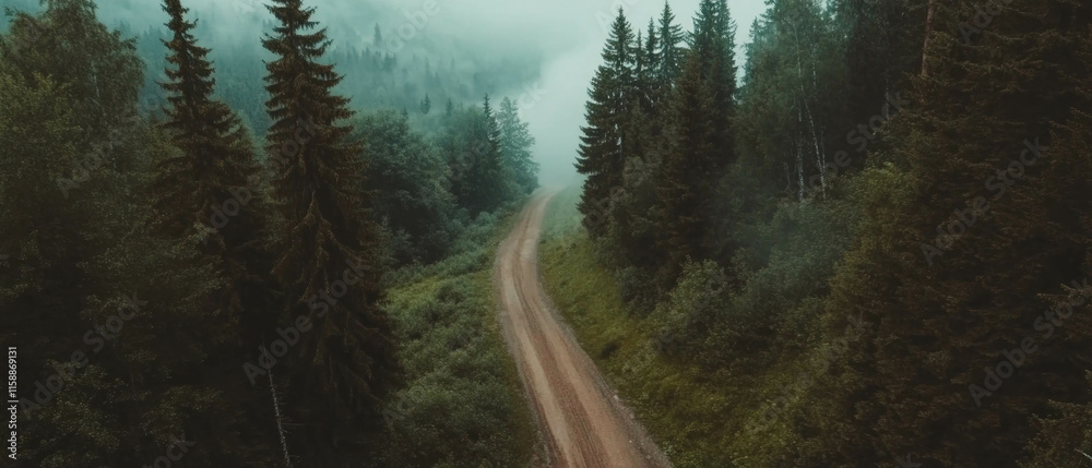 Poster misty forest path winding through lush greenery creates a tranquil atmosphere