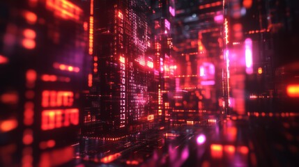Obraz premium A vibrant, futuristic scene of glowing data streams and digital structures, reminiscent of a virtual cityscape or cyber environment.