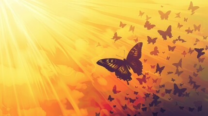 Fototapeta premium Vibrant Sunset with Butterflies Flying Against a Golden Sky and Soft Cloud Background