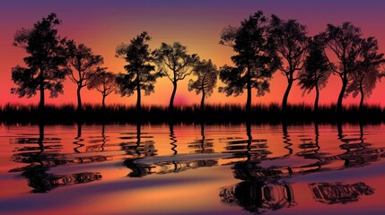 Serene Sunset Reflection Over Calm Water with Silhouetted Trees and Dark Sky