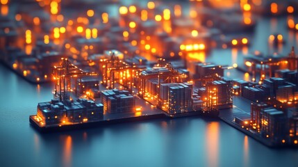A vibrant, illuminated cityscape at night, showcasing glowing buildings and reflective water, creating a mesmerizing urban scene.