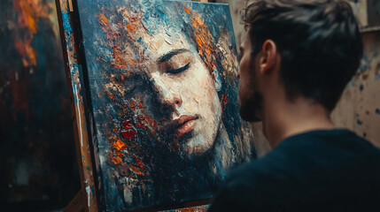 An artist gazing at their completed painting, reflecting on the emotions captured within.