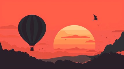 Fototapeta premium Hot Air Balloon Floating Against Vibrant Sunset Sky Over Mountainous Landscape
