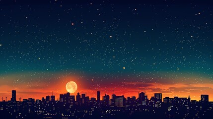 Night Sky Over City Skyline with Full Moon and Starry Background at Dusk