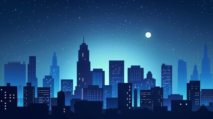 Fototapeta premium City Skyline Silhouette Against Night Sky with Stars and Moonlight