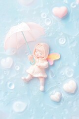 A little girl is holding an umbrella and is floating in the water