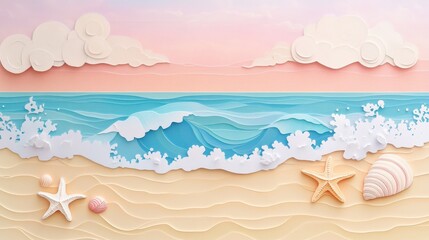 Obraz premium Handcrafted paper art depicting a beach with waves and seashells under a pink sky