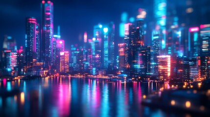 Fototapeta premium A vibrant cityscape illuminated by colorful neon lights reflecting on water, creating a futuristic and dynamic atmosphere.