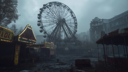 Decaying abandoned ferris wheel in eerie theme park