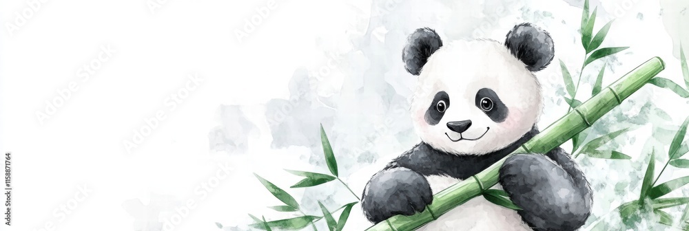 Poster Cute panda holding bamboo in a tranquil setting with ample space for text or message. Generative AI