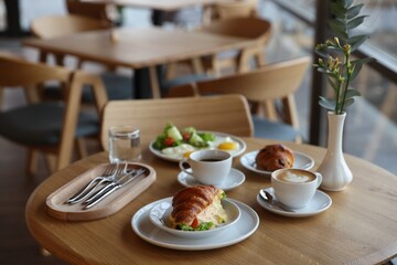 Delicious breakfast served on wooden table in cafe