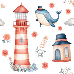 Watercolor seamless pattern whale and lighthouse