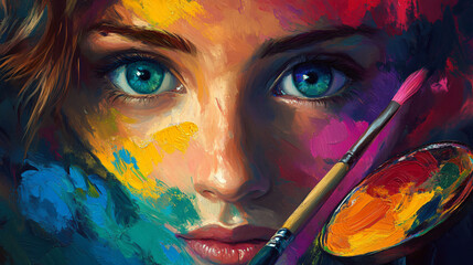 An artist holding a palette of vibrant colors, their eyes sparkling with inspiration and determination.