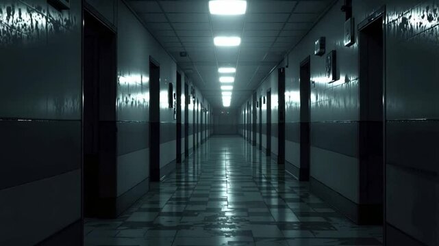 Empty Hospital Corridor with Fluorescent Lights Creating Haunting Perspective at Night