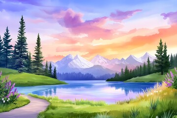 Watercolor clipart of a mountain lake with pine trees and a trail, on a blur background