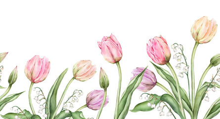 Seamless banner of light Pastel colors bud Tulips and lily of the valley. Watercolor illustration isolated on background. Hand drawn delicate spring flower for spring wedding design or border