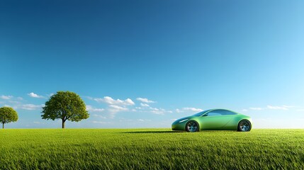 Green Eco Friendly Car In Lush Grassland Meadow