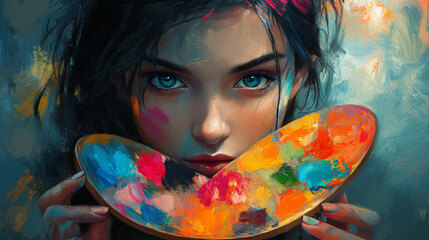 An artist holding a palette of vibrant colors, their eyes sparkling with inspiration and determination.