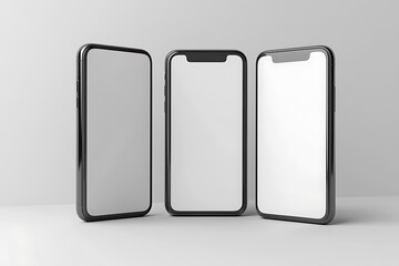 Three Modern Black Smartphones on a Minimalist Background
