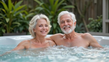Senior couple smiling and relaxing in a jacuzzi in the garden