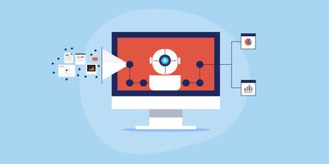AI analytical tool gathering data from multiple content sources and preparing organised report, data visualization concept.