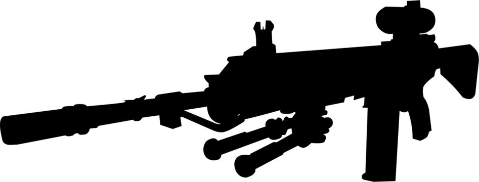 Black silhouette of a sniper rifle on a white background. US army automatic weapons. American military ammunition. Isolated image of a weapon. Vector illustration