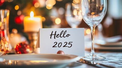 A handwritten "Hello 2025" card placed on a festive dining table