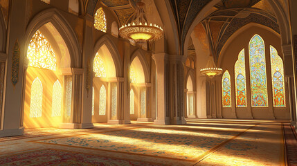 Obraz premium 3D rendered interior of a majestic mosque, Islamic background.