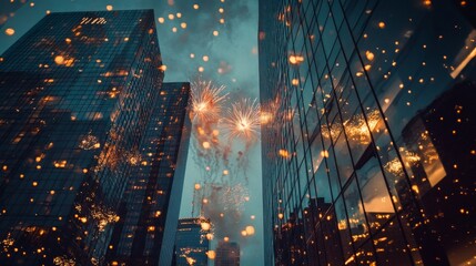 Fototapeta premium Fireworks reflecting off the glass of a modern skyscraper on New YearÃ¢â‚¬â„¢s Day, welcoming 