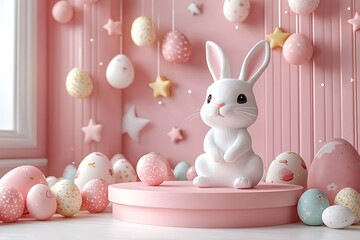 Cute Easter Bunny on Pink Display with Decorated Eggs