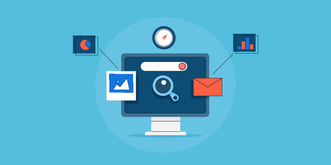 Marketing metrics KPI search impression, click through rate, social media engagement extracting campaign data for business decision making concept.