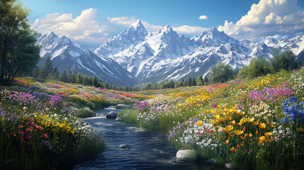 Spring meadow full of colorful wildflowers and mountain stream